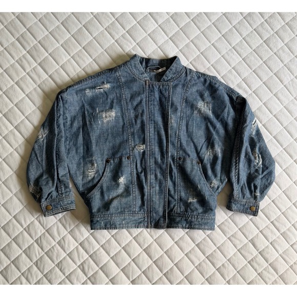 Y2K Free People Distressed Denim Jacket Snaps Buttons Sz XS Streetwear Coquette‎ - Picture 2 of 4
